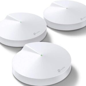 TP-Link Deco M5 mesh WiFi system three-unit pack on a bookshelf