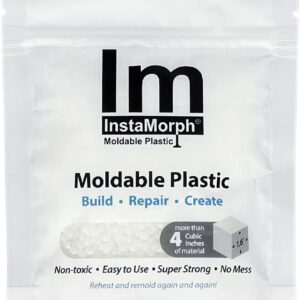 InstaMorph moldable plastic white thermoplastic pellets beside a shaped piece and sculpting tool