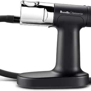 Breville Smoking Gun Pro in black with its silicone hose infusing smoke into a covered glass