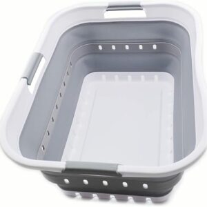 SAMMART collapsible laundry basket in white and grey, shown popped up and folded flat