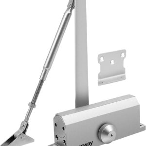 Onarway automatic door closer mounted above an interior door with the arm extended