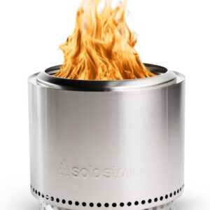 Solo Stove Bonfire stainless steel smokeless fire pit burning on a patio