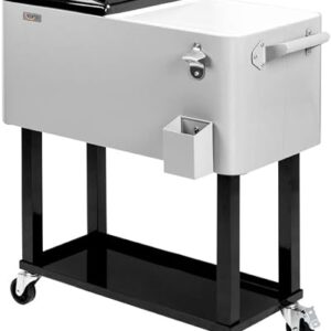 VINGLI rolling ice chest stainless steel cooler cart with open lid on a patio