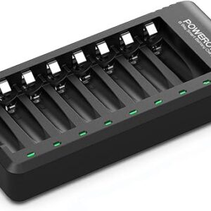 POWEROWL battery charger with eight independent bays holding AA and AAA rechargeable batteries