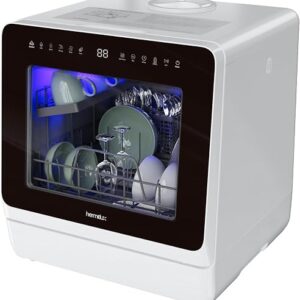 Hermitlux countertop dishwasher with glass door and built-in five litre water tank