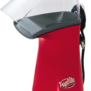 Presto PopLite popcorn popper in red with clear chute and butter melter on top
