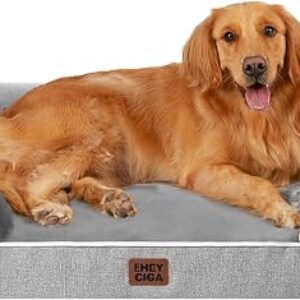 EHEYCIGA orthopedic dog bed in grey fleece with faux linen bolster sides on a wooden floor