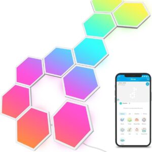 Govee Glide Hexa hexagon LED wall light panels arranged on a dark gaming room wall, reviewed by SoftPickr
