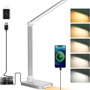 Dott Arts LED desk lamp in silver with the USB ports visible on the base