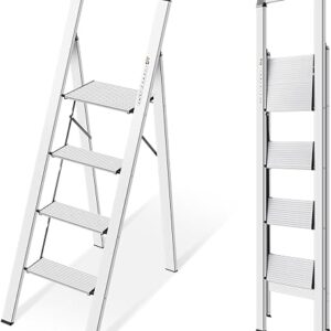 KINGRACK 4 step ladder folding aluminium step stool with handrail and non-slip pedals