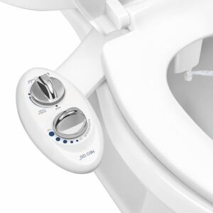 LUXE Bidet NEO 120 non-electric bidet attachment fitted under a white toilet seat