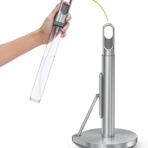 simplehuman paper towel holder with built-in spray pump in brushed stainless steel on a kitchen counter, reviewed by SoftPickr