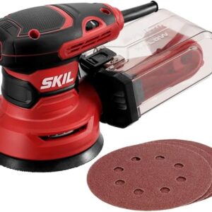 SKIL random orbital sander with cyclonic dust box attached on a workbench beside sanding sheets