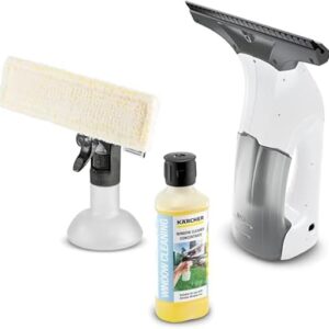 Karcher window vacuum WV 1 Plus in white being drawn down a glass shower screen