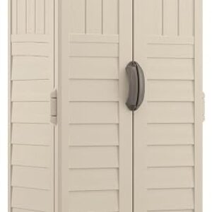 Suncast vertical storage shed in vanilla resin with double doors open on a patio, reviewed by SoftPickr