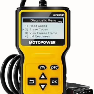 MOTOPOWER MP69033 OBD2 scanner handheld code reader with yellow body and LCD screen