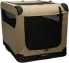 Amazon Basics tan soft dog crate set up with the front door open, reviewed by SoftPickr