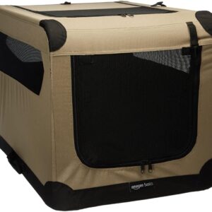 Amazon Basics tan soft dog crate set up with the front door open, reviewed by SoftPickr