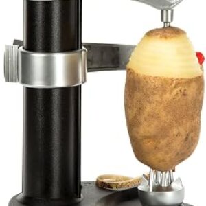 Starfrit Rotato Express electric peeler holding a potato between its rotating prongs