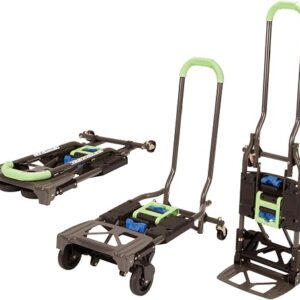 COSCO Shifter hand truck in green shown folded flat and converted to a four-wheel cart