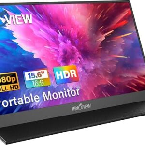InnoView portable monitor 15.6 inch FHD screen propped up in its folding protective case