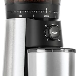 OXO Brew conical burr grinder in stainless steel with 12 ounce UV-blocking bean hopper