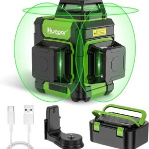 Huepar 360 laser level with three 360-degree green lines and rechargeable battery