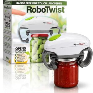 Robotwist jar opener clamped to a glass jar lid on a kitchen counter, reviewed by SoftPickr