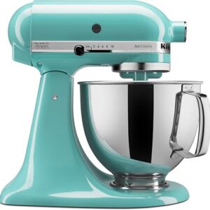 KitchenAid Artisan stand mixer in Aqua Sky with 5-quart stainless steel bowl
