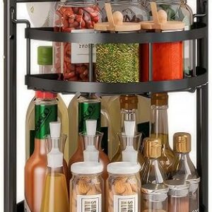 JEESA black iron spice rack with paper towel holder on a kitchen countertop, reviewed by SoftPickr