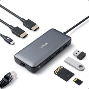Anker docking station 8-in-1 USB-C hub with dual HDMI, Ethernet and card slots on a desk