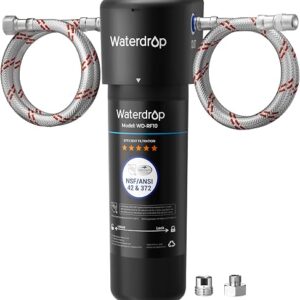 Waterdrop 10UA under sink water filter cartridge with twist-and-lock fittings under a kitchen sink