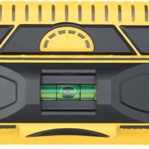Franklin Sensors ProSensor M210 stud finder held flat against a wall with LEDs lit