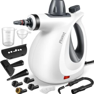 Phueut handheld steam cleaner in grey with its 12-piece accessory kit, reviewed by SoftPickr