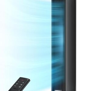 DREO tower fan in black standing on a bedroom floor beside a bed with the remote control