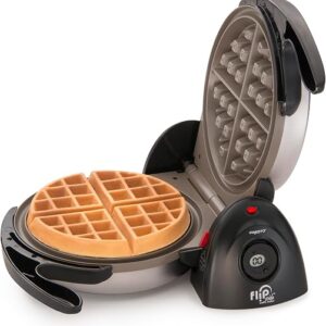 Presto FlipSide waffle maker rotating on its base to bake a Belgian waffle
