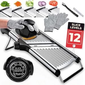 Gramercy mandoline slicer in stainless steel with adjustable thickness dial and veggie holder