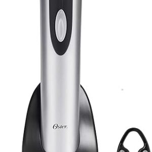 Oster electric wine opener standing on its recharging base beside a foil cutter