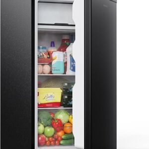 Upstreman mini fridge in black with the door open showing glass shelves and freezer compartment