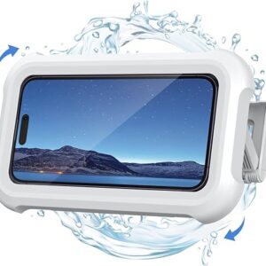 Lamicall shower phone holder mounted on tile with a phone sealed inside, reviewed by SoftPickr