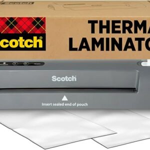 Scotch thermal laminator TL901X on a desk with laminating pouches