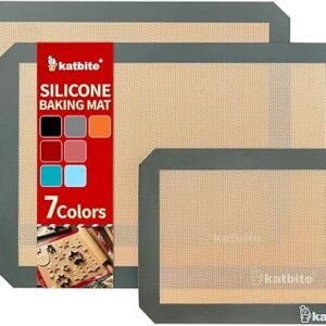 Katbite silicone baking mat set of three grey mats laid flat with cookies on the largest sheet