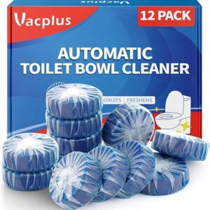 Vacplus toilet bowl cleaner tablets 12 pack beside an open toilet tank