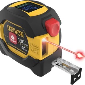 LEXIVON digital laser tape measure showing the backlit LCD screen above the 16ft AutoLock steel tape blade
