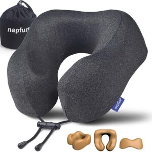napfun neck pillow in black memory foam with its drawstring front and compression travel bag
