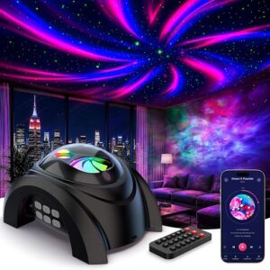 Rossetta galaxy projector casting aurora and star effects across a bedroom ceiling