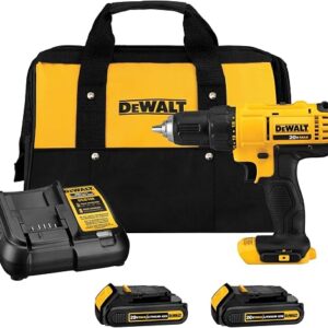 DEWALT DCD771C2 drill kit in yellow and black with two batteries, charger and contractor bag