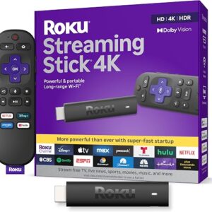 Roku Streaming Stick 4K with voice remote plugged into a television HDMI port