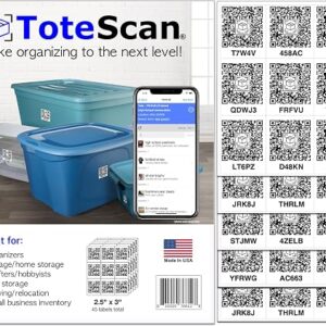 QR code storage labels applied to lidded plastic totes on a garage shelf, reviewed by SoftPickr