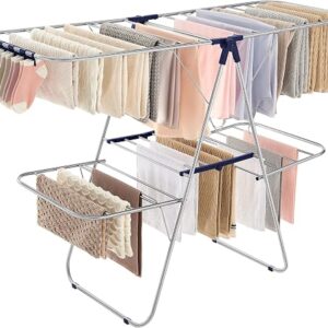 SONGMICS clothes drying rack with four gullwings open and laundry hanging, reviewed by SoftPickr